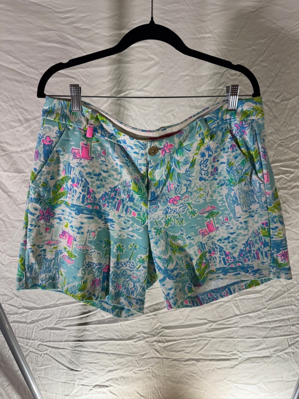 Tropical Print Women’s Shorts in Aqua with Pink & Green Accents - Picture 2 of 4